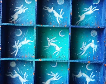 Hand Painted Moon Bunnies Wooden Shelf: Miniature Crystal Organizer