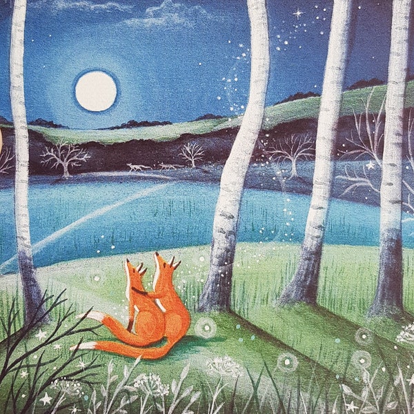 Fine Art Print A5 A4 Enchanted Moonlit Night/Whimsy summer evening scene wall decor/Fairy tale painting dreamy scenery/Woodland gazing fox