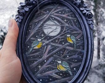 Original illustration in hand painted frame with glass Winter Chickadees /Mix media painting Magical Moon Birds/Whimsical Forest wall decor