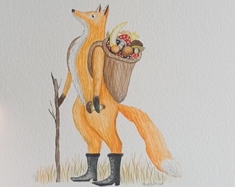 Original unframed fairy tale watercolor illustration Fox Wanderer/Whimsical cute forest animals illustration/Original magical fox painting