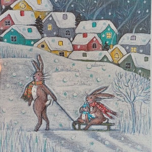 Fine Art Print A4 Snow Bunny Family/Whimsical animals wall decoration/Fairytale folklore scenery poster/Cozy winter village fantasy painting zdjęcie 2