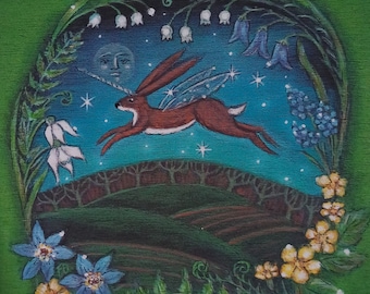 Fine Art Print A5 A4 Ostara Hare/Whimsical cute spring scene wall decor/Fairytale painting wild nature scenery/Magical forest animals poster