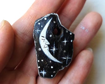Hand Painted Crescent Moon Necklace: Cottagecore Celestial Pendant