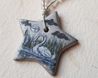 Hand painted ceramic star necklace Whimsical Swan/Miniature celestial winter pendant Magic pond/Mini painting bird/Wearable art wild life