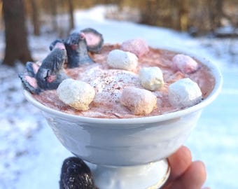 Mice in Teacup Cottagecore Sculpture: Spun Cotton Mice, Hot Cocoa Bath settled in Vintage Wałbrzych cup