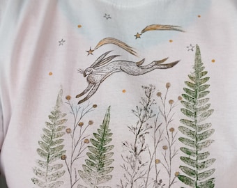 Hand painted Magical Hare Chasing Shooting Stars shirt/Rabbit folk painting/Mom sister birthday gift/Botanical oversize shirt XS 100% cotton