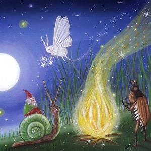 Stampa artistica A4 Luglio magico/Illustrazione di fate con coleotteri e falò/Poster stravagante con insetti del bosco e notte estiva/Arte di animali fantasy
