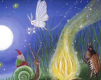Fine Art Print A4 Magical July/Fairy illustration beetles and bonfire/Whimsical poster woodland insects and summer night/Fantasy animal art
