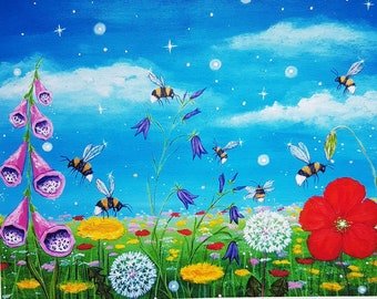 Art print A5 A4 Summer Bumblebee Meadow/Cottage core aesthetic wall art/Wild flowers colorful field painting/Dreamy botanical illustration