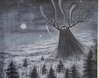 Illustration acrylique originale Woodland Spirit/Spooky forest ghost painting/Dark misty nature wall decoration/Folklore creepy Samhain art