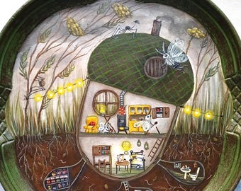 Hand-Painted Acorn House Wall Decor/Magic Woodland Fantasy Art/Fairytale house interior painting/Whimsical animals house/Inside Fairy house