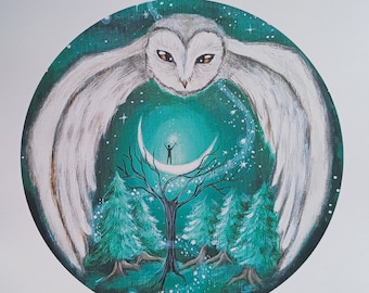 Art Print A4 Magical Barnowl/Fairytale cozy illustration night scene/White Owl whimsical landscape/Whimsical winter birds wall decoration