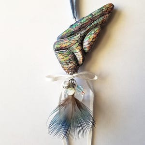 Wooden fantasy rainbow fairy wing talisman/Enchanted Forest pendant magical insect wing/Woodland pixie jewelry/Witchy wearable spring art