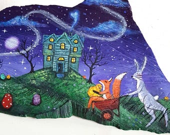 Original Easter painting on wood piece magical Easter Adventure/Enchanted forest whimsical illustration/Spring animal egg hunting decoration