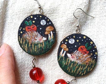 Hand Painted Hedgehog Earrings: Autumn Forest Scene, Recycled Wood