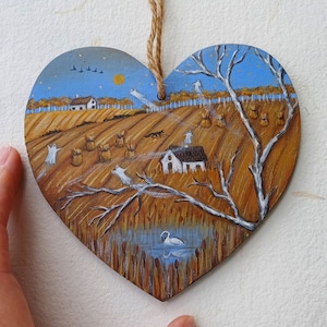 Original painting on recycled wooden heart Autumn Ghostland/Whimsical countryside fall painting/One of a kind farmhouse wall decoration