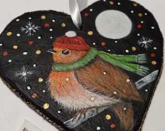 Original painting on recycled paper heart Winter Robin/Whimsical countryside bird painting/One of a kind farmhouse wall decoration/Yule art