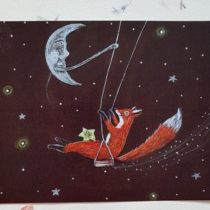 Fine Art Print A5 fox swing,Whimsical cute animal wall decor,Fairy tale painting celestial scenery,Crescent moon stars painting,man in moon