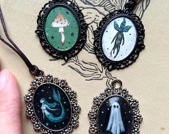 Hand painted whimsical necklaces Magical Creatures/Hand crafted fantasy talismans/Cottagecore forest jewelry/Witchy woodland witch pendants