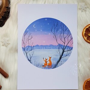 Art print A5 Gazing foxes and winter magical night,Snowy landscape and forest animals,Enchanted wall art animals,Painting on wood slice