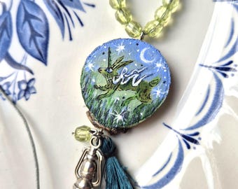 Unicorn Bunny Necklace Pendant, Hand Painted Wood Jewelry, Dreamy Pastel Rabbit Under Moon, Fantasy Cottagecore Necklace, Cute Animal Charm