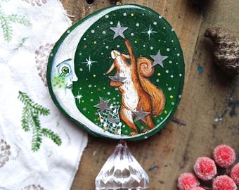 Green Moon and Squirrel Magic Hand Painted Wooden Ornament/Man in moon wall decoration/Lunar hand crafted sun catcher/Whimsical wall art