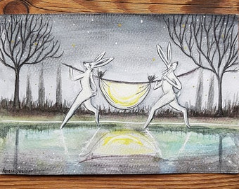 Original watercolor painting Hares and the Crescent Moon,Hare art,Whimsical hare,Magical painting hare,hares and the moon,Hare lover gift