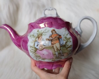 Tetera de cerámica rosa polvoriento fresa con escena romántica/Tetera para tés de hojas sueltas Bolsas de té/Cocina retro decoración acogedora/Hervidor polaco vintage
