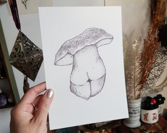 Art Print A5 A4 Mushroom Goddess original pencil drawing/Whimsical divine feminine art/Magical fungi gal sketch/body positivity shroom lady