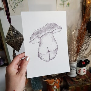 Art Print A5 A4 Mushroom Goddess original pencil drawing/Whimsical divine feminine art/Magical fungi gal sketch/body positivity shroom lady zdjęcie 1