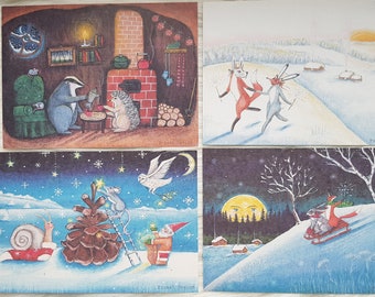 Set of 4 Whimsical Postcards Enchanted Winter/Wonderland Fairy tale illustration/Forest Animals Christmas cards/Snowy Woodland scenery art