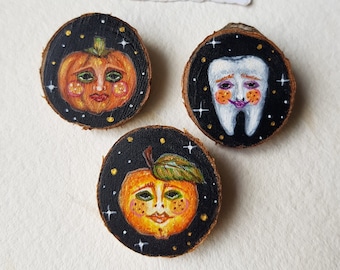 Wooden hand painted Halloween brooches,Magical creature brooch,Cute and creepy witch jewelry,Fairy tale autumn pendant,Tooth fairy kid gift