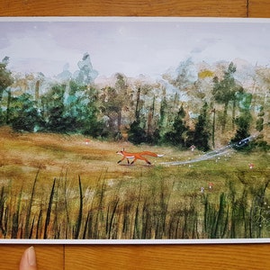 Impresión de bellas artes mágicas Otoño mágico, Ilustración infantil de animales del bosque caprichosos, Impresión de cuento de hadas de zorro corriendo, Pintura espiritual de ensueño