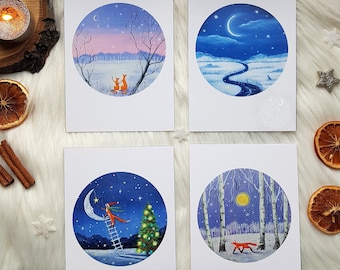 Set von 4 Magische Waldland Karten,Spirituelle Blanko Karten,Waldtier Karte,Waldtier Karte,Fuchs Postkarte,Magische Yule,Weihnachtsdruck