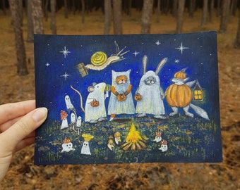 Illustration originale à l'acrylique Animaux de costume de fantôme d'Halloween/Peinture de trucs ou de friandises dans les bois mignons/Décoration murale folklorique fantaisiste