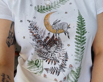 Hand painted Magical Sleeping Hare On The Moon And Ferns shirt/Rabbit painting/Mom sister  birthday gift/Botanical women shirt M 100% cotton