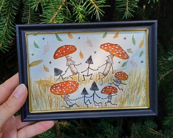 Fungi Fairy Ring Painting: Whimsical Mushroom Art in Vintage Frame