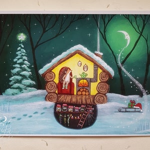 Fine Art Print A4 Magical December,Fairy tale illustration hedgehog and cozy cottage,Whimsical poster woodland animals and winter scenery