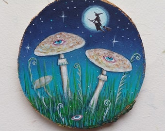 Original painting on wood slice Magic Mushrooms//Whimsical countryside fungi painting//Natural one of a kind wall decoration wood painting