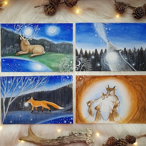 Ilustraciones mágicas originales de animales del bosque/Pintura de criaturas fantásticas del bosque/Arte espiritual animal/Decoración de pared acogedora/Ilustración forestal