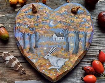 Original painting on recycled wooden heart Magic Autumn Hare/Whimsical countryside fall rabbit painting/One of a kind animal wall decoration