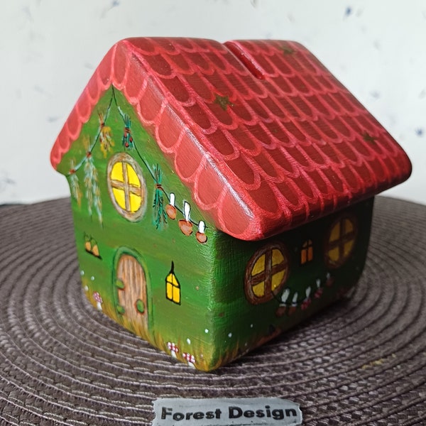 Hand painted ceramic cottage piggybank/Fairytale Cottagecore moneybox/Fantasy woodland hut decoration/Autumn house decor/Ooak Christmas gift