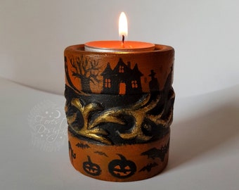 Ceramic reclaimed hand painted magical candlestick,Wooden fairy tale candle holder,Candlestick Halloween,Tealight holder whimsical Samhain