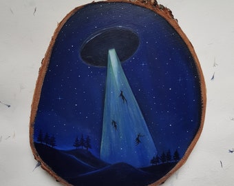 Original painting on wood UFO woodland abduction/Whimsical forest painting/One of a kind wall decoration space ship/Night painting on wood