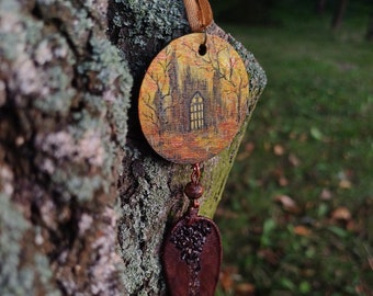 Magical Hand Painted Gothic Ruins Necklace/Mystery Woodland jewelry/Whimsical spooky autumn jewellery/Fantasy pendant/Dark cottage core art