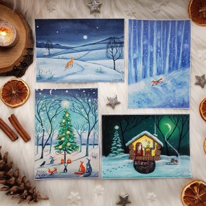 Set of 4 Magical Woodland Cards,Spiritual blank cards,Woodland animals card,Forest animal card,Fox postcard,Magical yule,Christmas print