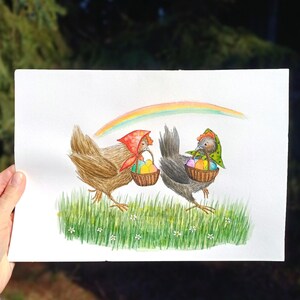 Illustrazione originale senza cornice di una fiaba ad acquerello Galline pasquali/Illustrazione di animali carini e stravaganti/Dipinto originale di galline e uova colorate