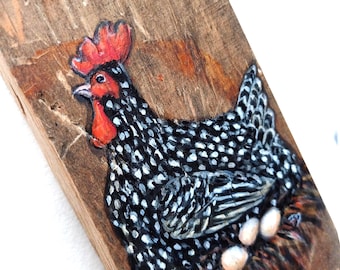 Hand-Painted black and white Hen Wall Decoration/Chicken with eggs primitive painting on Reclaimed Wood/Rustic Farmhouse Bird Illustration