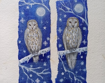 Fairy tale hand painted bookmark enchanted barn owls/Acrylic magical birds painting/Whimsical original illustration on hand crafted paper