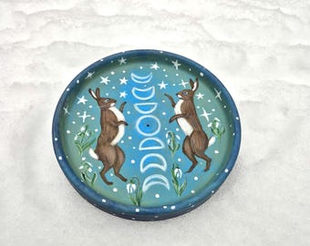 Hand Painted Ceramic Incense Holder – Moon Phases Rabbit Design – Handmade Incense Dish – Natural Home Decor - Hares and snowdrops painting
